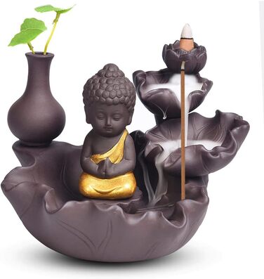 Golden Buddha Waterfall Backflow Incense Burner, Water Fountain Incense Holder, Golden Buddha Censer, Ceramic Incense Burner for Family, Office, Bedroom Decoration