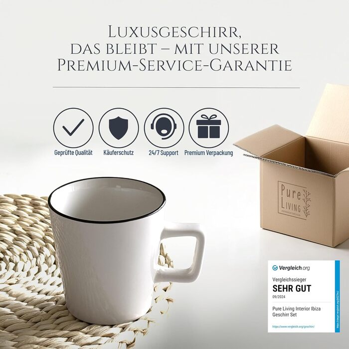 Набір посуду з порцеляни Pure Living на 6 осіб (24 шт.) з чорним контуром, білий, Tafelservice, TESTSIEGER