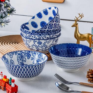 Набір супових тарілок з кераміки (6 шт.) - 709 мл, глибокі миски для каші, салату, пасти, десерту - кераміка, блакитний вінтаж