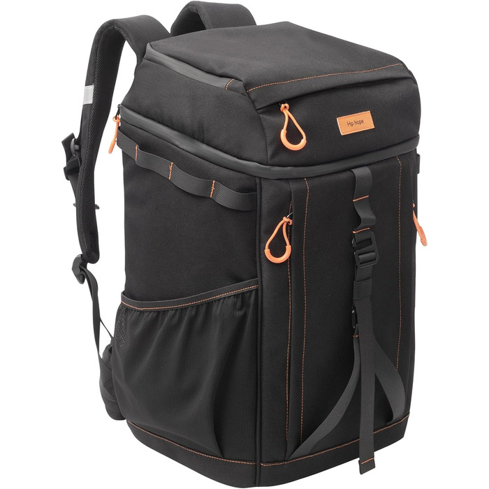 Рюкзак-холодильник HP Hope 35L, водонепроникний, ізольований, чорно-помаранчевий. Ідеально для пікніків, відпочинку на природі, кемпінгу та подорожей. Об'єм: 35 літрів, вміщує до 48 банок.