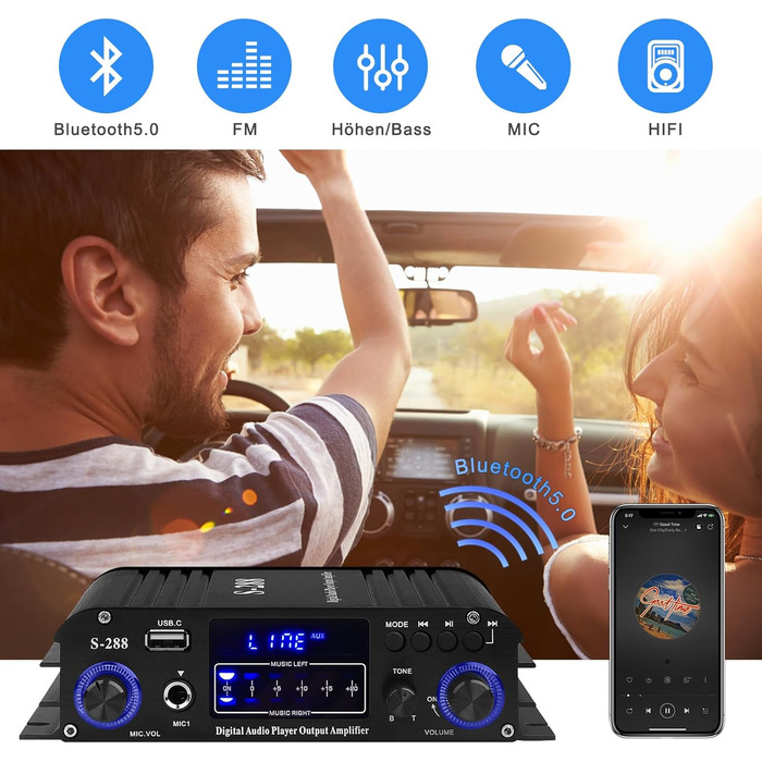HiFi підсилювач S-288 600Вт, міні Bluetooth стерео аудіо ресивер, 12В/220В, 4 канали, цифровий підсилювач із LCD-дисплеєм, FM-радіо, Bluetooth, USB-вхід, для дому або авто