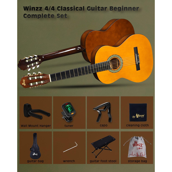 Кітара класична Winzz 4/4 для дорослих та дітей (від 11 років), набір для початківців, чорний глянцевий, 39 дюймів
