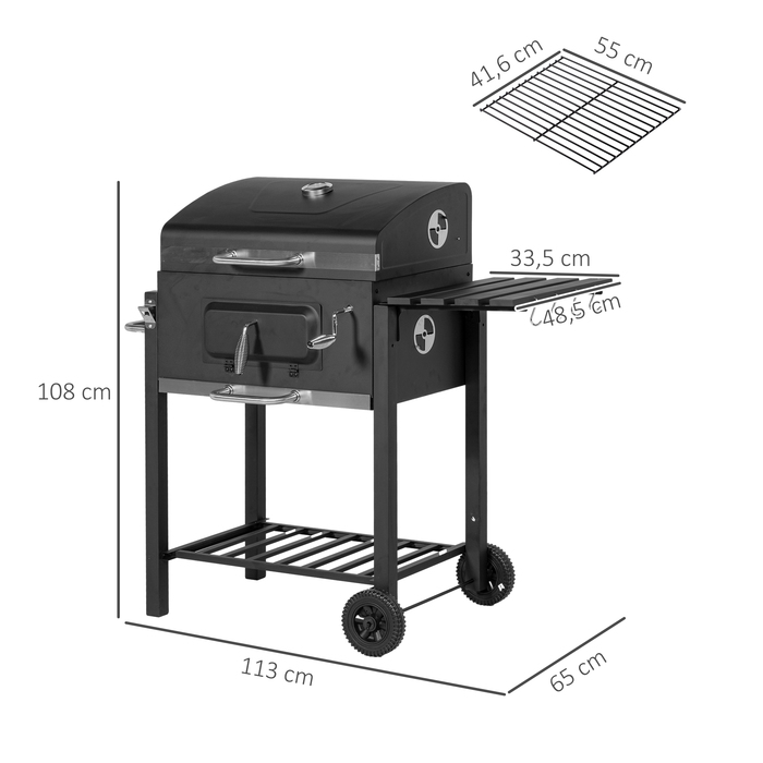 Grillwagen Outsunny на вугіллі, гриль-стіл, гриль з нержавіючої сталі, чорний, 113x65x108 см для саду та тераси