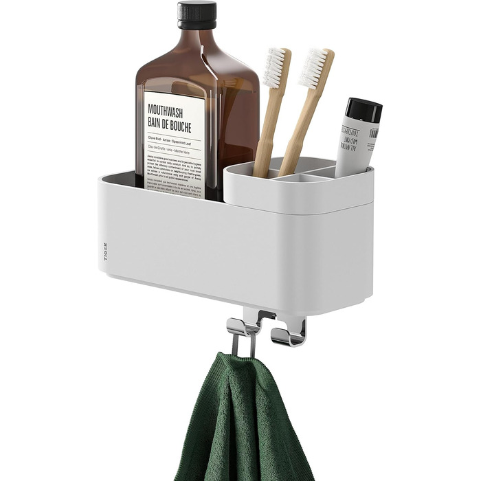 Tiger 2-Tier Bathroom Shelf with Integrated Toothbrush Holder and Hooks, Bathroom Shelf for Shower and Vanity to Store Bathroom Accessories, Color: White
