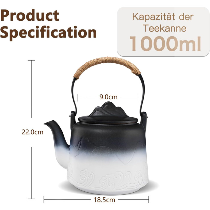 ZENS Design Japanese Teapot, 1000ml Gradient Embossed Japanese Teapot Ceramic with Built-in Strainer and Hemp Rope Handle for Loose Tea Steeper, Gift for Tea Lovers, Black & Bean Green (Black & White, 1000ml Teapot)