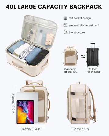 Рюкзак LOVEVOOK для ручної поклажі в літак, 40L, водонепроникний, для жінок, з відділенням для взуття та ноутбука 17.3 дюймів, бежевий + хакі
