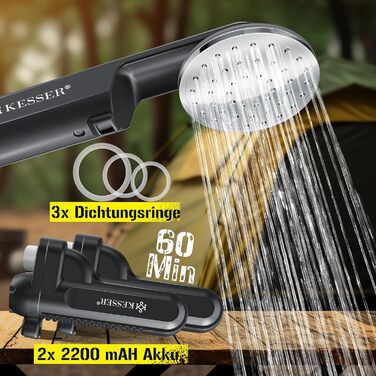 KESSER® Camping Shower with Battery-Powered Submersible Pump, Hand Shower, 2 x 2200mAh Lithium Battery, USB Charging Cable, for Camping, Garden, Car, Outdoor Use, Dog Shower, Car Cleaning, Includes Carry Bag, 12V Pump