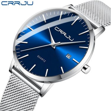 Годинник чоловічий CRRJU, ультратонкий, водостійкий, з чорним міланським браслетом, кварцовий, бізнес-стиль (сріблястий, блакитний)