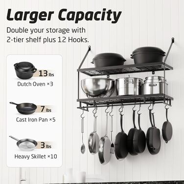 KES Double Kitchen Shelf Pan Holder Kitchen Utensil Holder Kitchen Pan Holder with 12 Hooks Hanging Shelf Pot Wall Shelf 75CM Wall Mounting Matt Black, KUR215S75B-BK