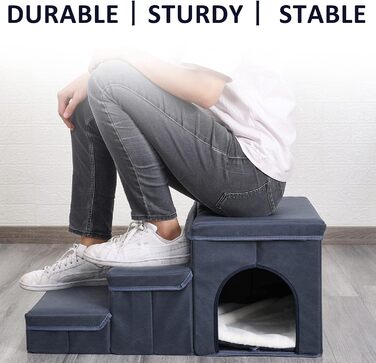 3-Step Dog Stairs, Foldable Pet Stairs for Sofa & Bed, Removable Pet Stairs Folding with Storage Box, Multifunctional Pet Ladder for Small Dogs Cats (Gray)