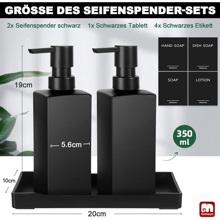 Диспенсер для мила GMISUN чорний скляний 350 мл для кухні та ванної кімнати з піддоном та водонепроникними етикетками