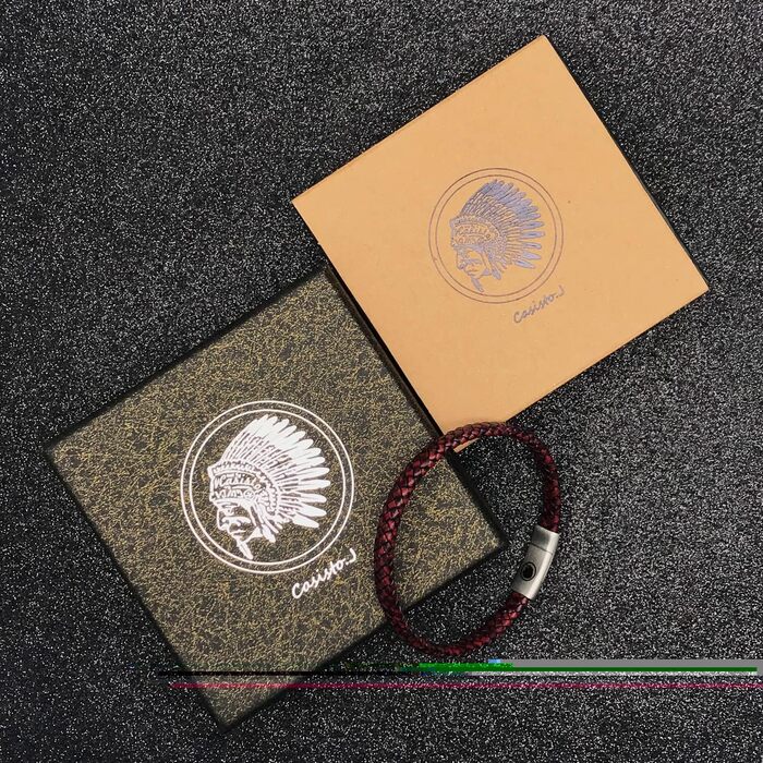 Чоловічий шкіряний браслет Casisto.J з гравіюванням, коричневий, плетений, з магнітною застібкою (22 см, індивідуальний колір - бордовий)
