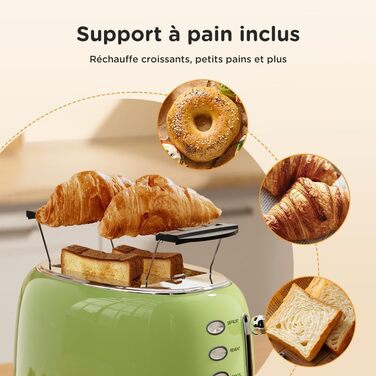 Ретро тостер на 2 шматочки з нержавіючої сталі, з підставою для бутербродів, 6 рівнів підсмажування, функція підігріву та розморожування, автоматичне відключення, ідеальний для тостів та бутербродів, TS-R008 (зелений)