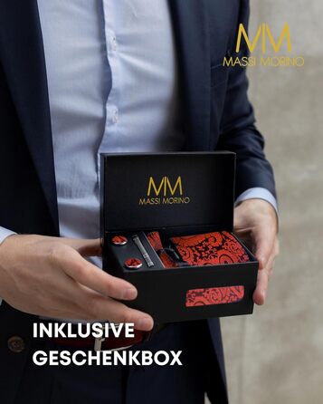 Набір краваток Massi Morino для чоловіків з нагрудним хустинкою, краватковою голкою та запонками. Ідеальний подарунок на весілля. Paisley, червоний колір.