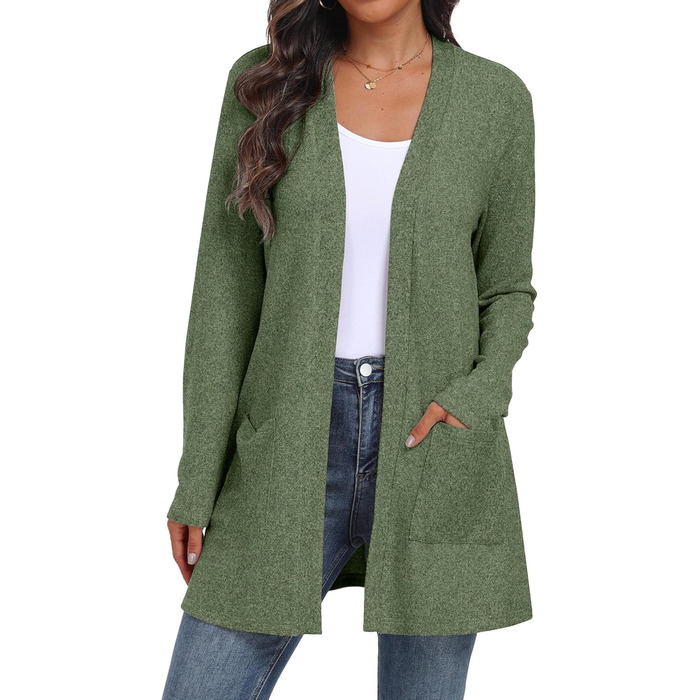 Жіночий в'язаний кардиган QIXING з кишенями | Легкий, елегантний, теплий | Зелений | для осені та зими