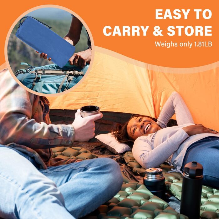 Каремат JINYOMFLY самонадувний туристичний, посилений, з насосом та подушкою, водонепроникний, ультралегкий для кемпінгу, піших прогулянок, відпочинку на природі (Блакитний)