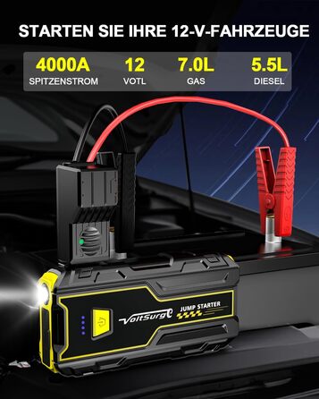 Powerbank Starthilfe 4000A: Зарядний пристрій для автомобіля 12V, Jump Starter, компактний та портативний