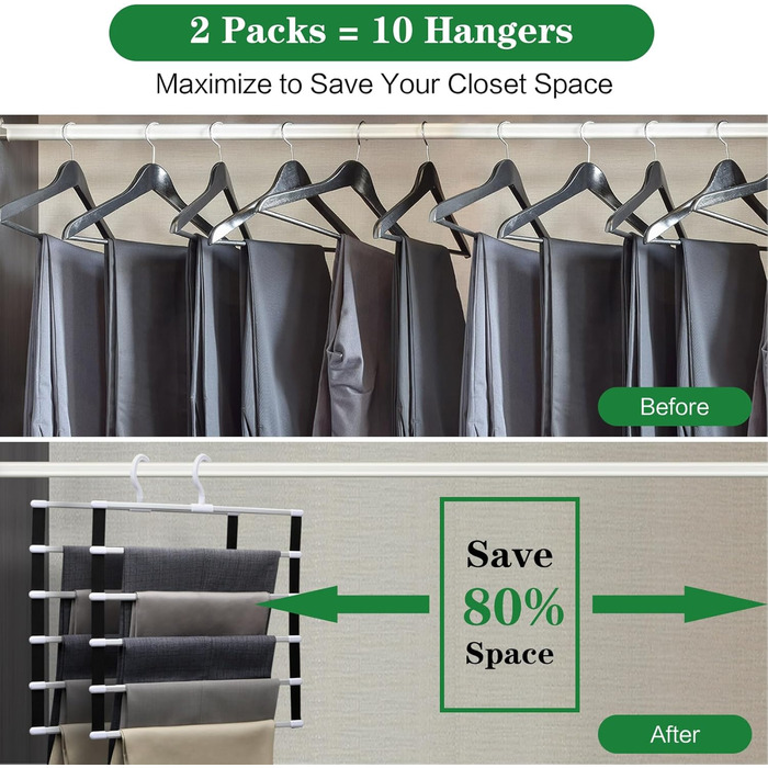 Closet Organizers and Storage, 2 Pack, Pant Hangers, Space-Saving Closet Organizer System, Aluminum Alloy, Closet Organization and Storage, for Jeans, Pants, Scarves, Clothes Hangers for