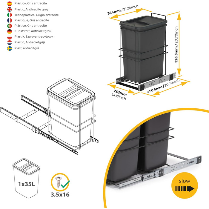 Відро для сміття кухонне Emuca з підвісною системою, 2 висувні контейнери по 20 л, загальний об'єм 40 л (2 x 20 л), сталь та пластик, сірий колір