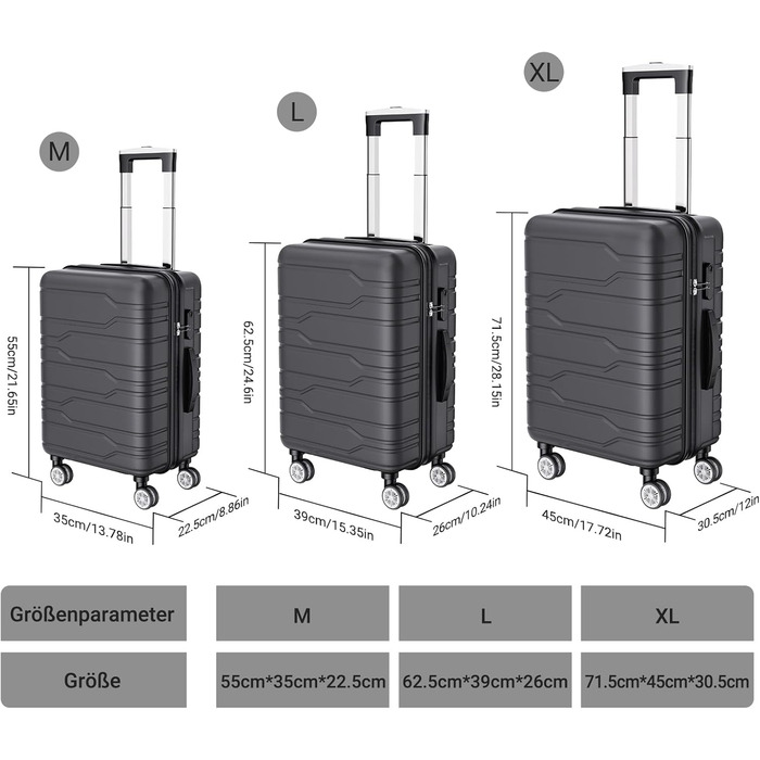 Набір валіз 3 шт., чорний: міцний, легкий, з TSA замком та обертовими колесами 360°