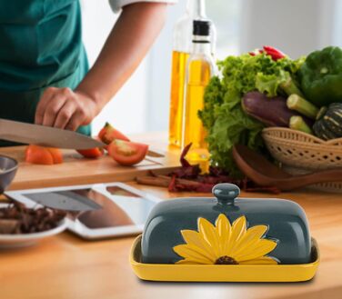 Farmhouse Ceramic Butter Dish with Lid, Large Sunflower Butter Dish