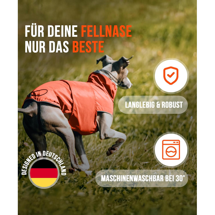 ZAUBERPFOTE® Dog Raincoat London | With extra-long YKK® zipper for collar & harness | For small, medium & large dogs | Waterproof & machine washable | Dog raincoat (Orange, 45)