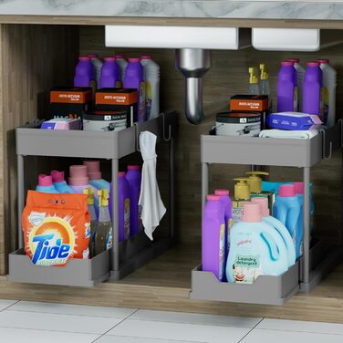 DEKAVA Kitchen Organizer, 2 Under Sink Shelf, Closet Kitchen Organizer with 4 Hooks, Closet Basket for Kitchen, Bathroom, Cleaning Supplies, Laundry Detergent (Grey)