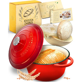 KRUSTENZAUBER Cast Iron Pot [incl. Proofing Basket] - High-Quality Enamel Pot 26cm - Ideal Cast Iron Bread Pot for Baking, Cast Iron Pot for Baking Bread, Bread Baking Accessories Enamel Red
