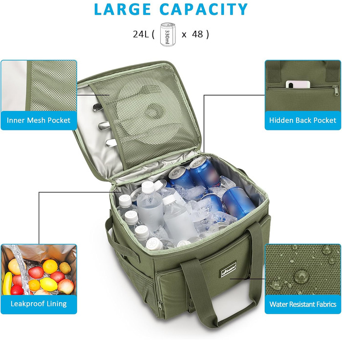 UPEELIFE Cooler Bag 24L, Large Foldable Lunch Bag Insulated Bag, Waterproof Picnic Bag, Cooler Bag with Shoulder Strap for Picnics, BBQs, Shopping, Beach, Camping