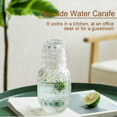 Vintage Water Carafe, Nightstand Water Carafe and Glass Set, Carafe with Glass Beaker for Nightstand, Thick Glass Mouthwash Decanter for Bedroom, Guest Room, Bathroom, Kitchen, 440ml (Transparent)
