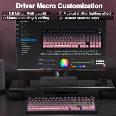 Механічна ігрова клавіатура AULA F99 Pro: RGB, Hot-swap, Wireless, QWERTY, чорно-рожева