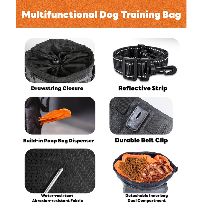 Водонепроникна сумка для ласощів для собак Hanwell з інтегрованим дозатором пакетів для екскрементів, сумка для дресирування собак на стегні та на плечі, чорна