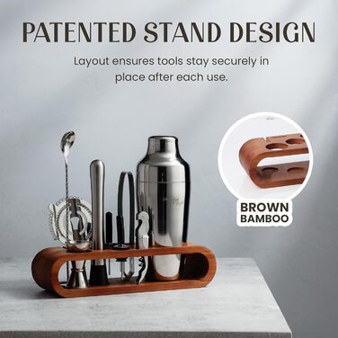 Набір для приготування коктейлів Mixology & Craft Cocktail Set (10 предметів) - Шейкер, аксесуари для бару в дерев'яному підставці з махогону, подарунковий набір, сріблястий, нержавіюча сталь, бамбук