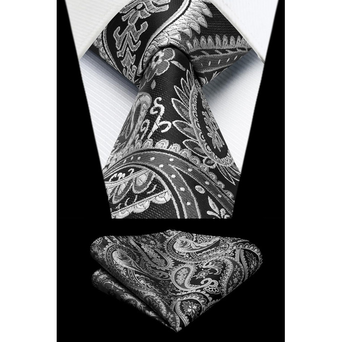 HISDERN Комплект краватки та нагрудного хустинки для чоловіків на весілля, патерн пейслі, жаккард, однотонні кольори (J-сірий-3)