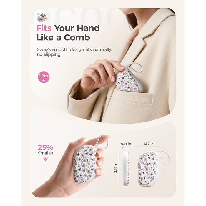 Електричні грілки для рук OCOOPA 2 шт., багаторазові, 4000mAh, подарунок на Новий Рік для жінок, ультратонкі (1,5 см), підходять для рукавичок та сумок, зимова необхідність, UT5 Sway Wiesengeflüster (Ocoopa x Künstleredition) (Lila Blüten (Ocoopa x K