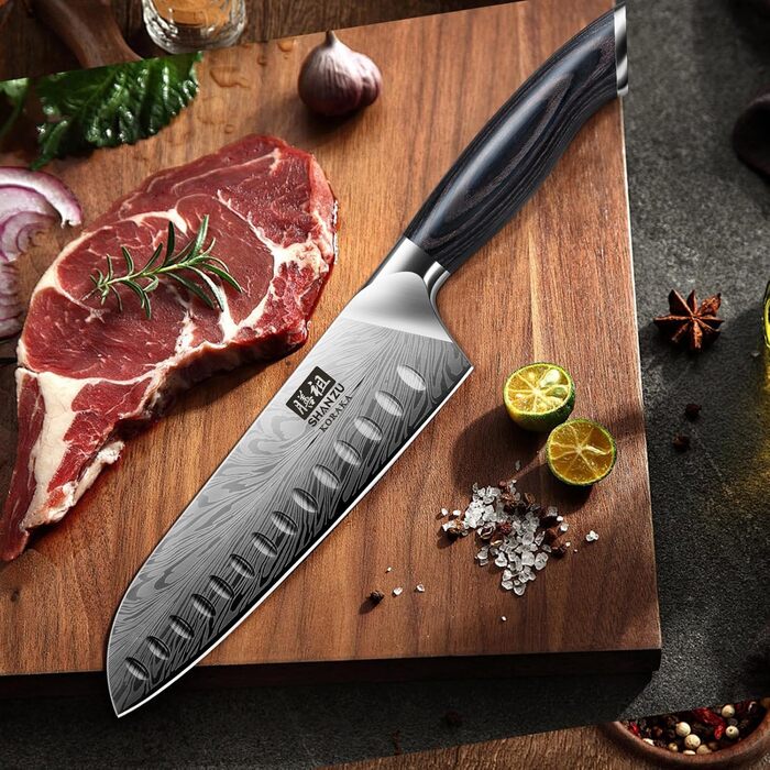 Японський ніж SHAN ZU Santoku 18 см з пудрованої сталі для професійної кухні, з ергономічною ручкою з паккавуда