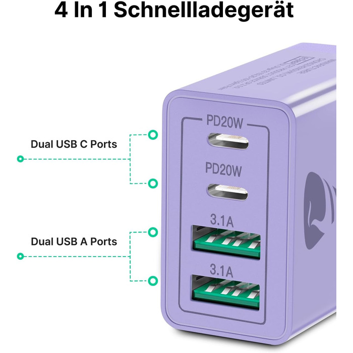 Зарядний пристрій USB-C 40W, 4 порти, швидка зарядка PD 3.0 для iPhone 14 Pro Max, iPad, Samsung та інших смартфонів, фіолетовий