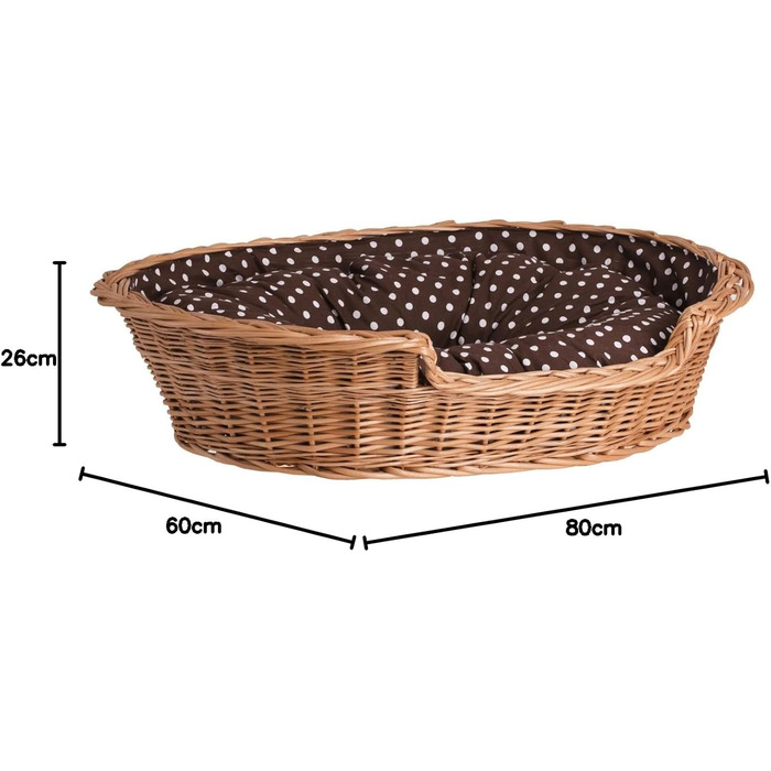 Wicker dog basket for dogs and cats. Dog bed, cat bed with cushion, pet basket, woven cat basket. 60x43 H19 cm (L 80 x W 60 x H 26 cm, Natural)