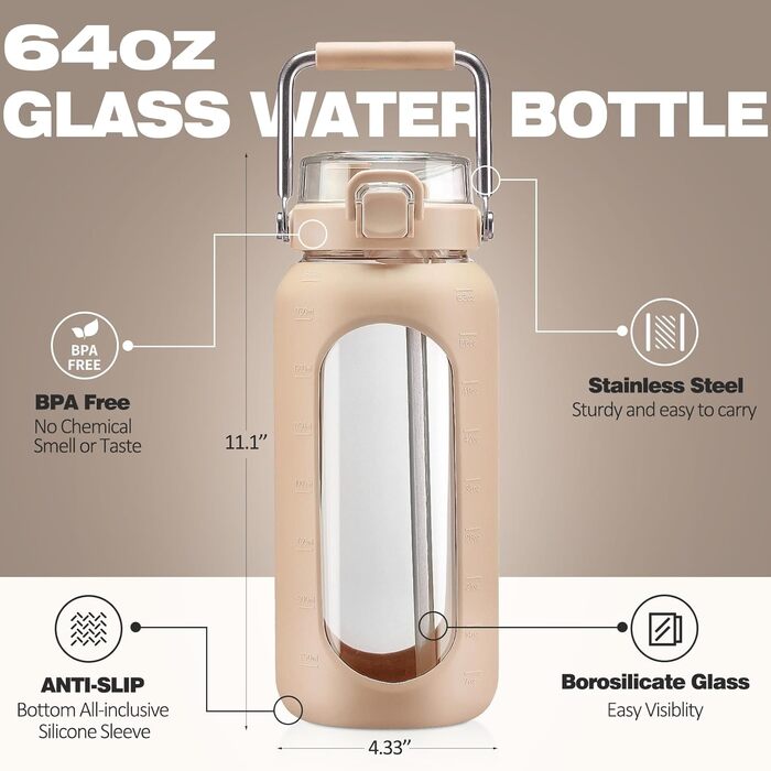 1900ml Glass Drinking Bottle with Straw and Stainless Steel Handle, Glass Water Bottle with Silicone Sleeve and Time Marker, Monitor Your Daily Water Intake 2 Liter, Light Green (Amber)