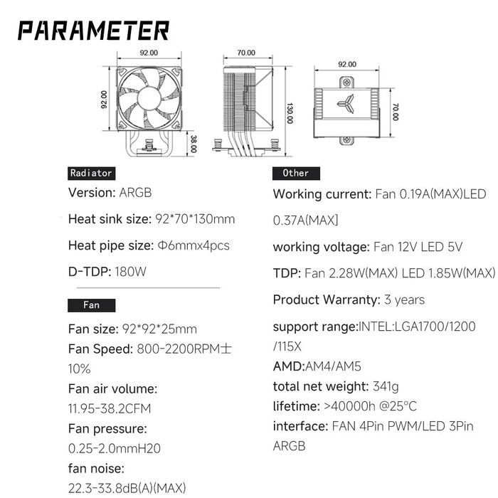 Охолоджувач CPU TZMRIT CR-1400 EVO: 180W TDP, 4 теплові трубки, RGB вентилятор PWM 92mm, для Intel LGA 115X/1200/1700, AM4/AM5