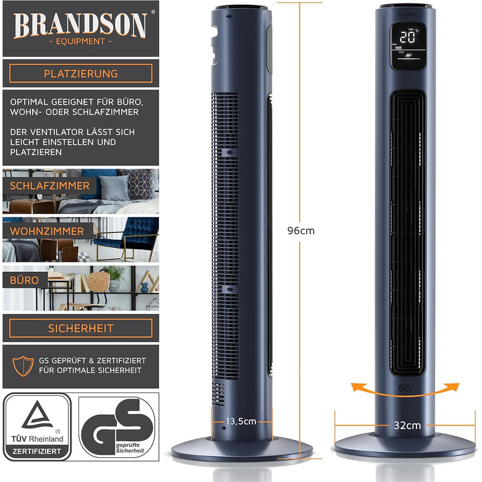 Вентилятор підлоговий Brandson з пультом керування, 96 см, 3 швидкості, осциляція 60°, темно-синій (Dark Navy Blue)