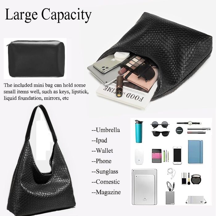 Жіноча сумка-хобо з екошкіри чорного кольору, великої місткості, плечова сумка з ручкою