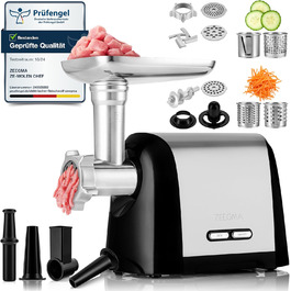 ZEEGMA Electric Meat Grinder - 1900W, Stainless Steel Plates, 3kg/min, Sausage Maker, Kubbe Maker, Chopping, Dicing, REV Function, Accessory Set - Silver