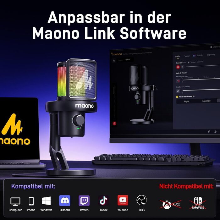 Мікрофон MAONO DM40 бездротовий для ПК з RGB підсвіткою та ШІ-зміною голосу, 3-рівнева шумоподавлення, для геймінгу, подкастингу та стрімінгу (чорний)
