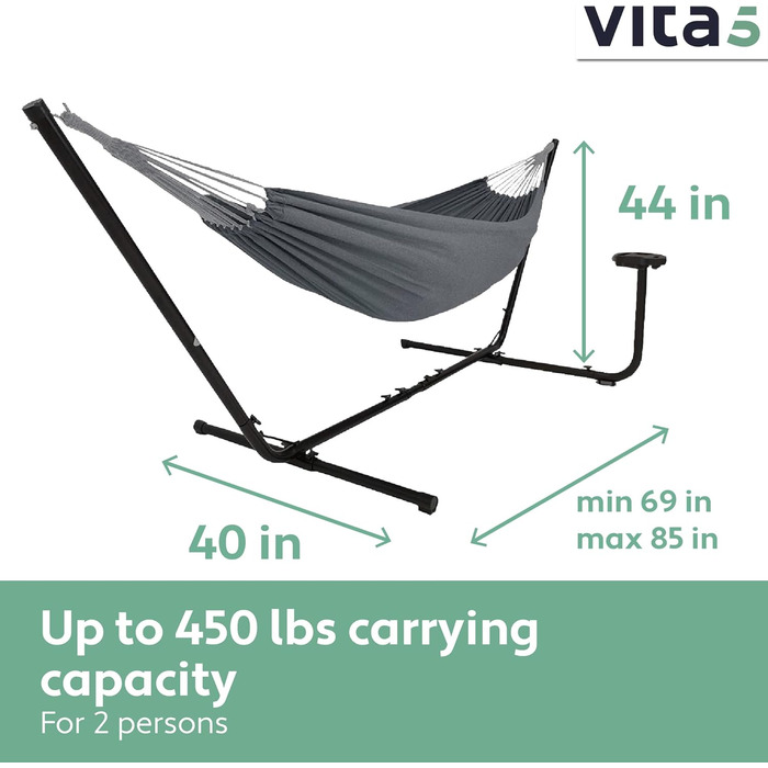 Гамак Vita5 з каркасом для двох, подвійний гамак для вулиці та дому, з сумкою, 200 кг, сірий, для саду, балкону, тераси