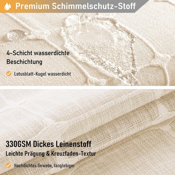 Шторка для душу BTTN 182x180 см, бохо-фермерський стиль, льонова тканина, з бахромою, водовідштовхувальна, з вантажами, комплект з 12 гачками, бежевий/кремовий, сітка