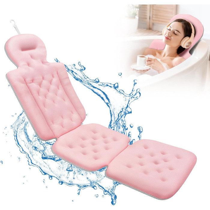 Bathtub Pillow Full Body Bath Pillow, Thick Bathtub Pillow with Laundry Bag, Luxurious Pillow for Bathtub Headrest Neck Shoulder Support Comfort Relaxation Spa Accessory (Pink)