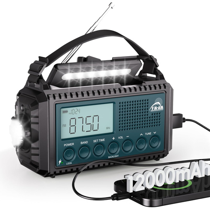 Радіо на ручному привіді AM/FM/SW з акумулятором 12000mAh, ліхтарик та SOS-сигнал, для туризму та кемпінгу, блакитне
