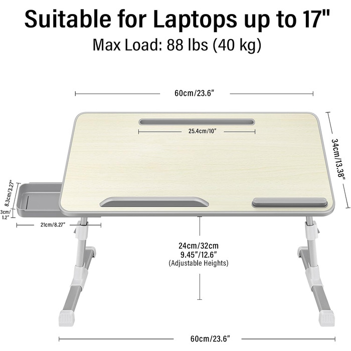 Стіл для ноутбука в ліжко, регульований, з ящиком, 60 x 34 см, бежевий