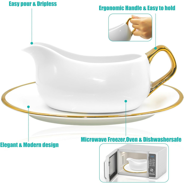 Cheardia Saucepan with Tray, 400 ml, white ceramic saucepan with gold trim, ergonomic handle and large drip-free spout for salad dressings, cream, broth, black pepper